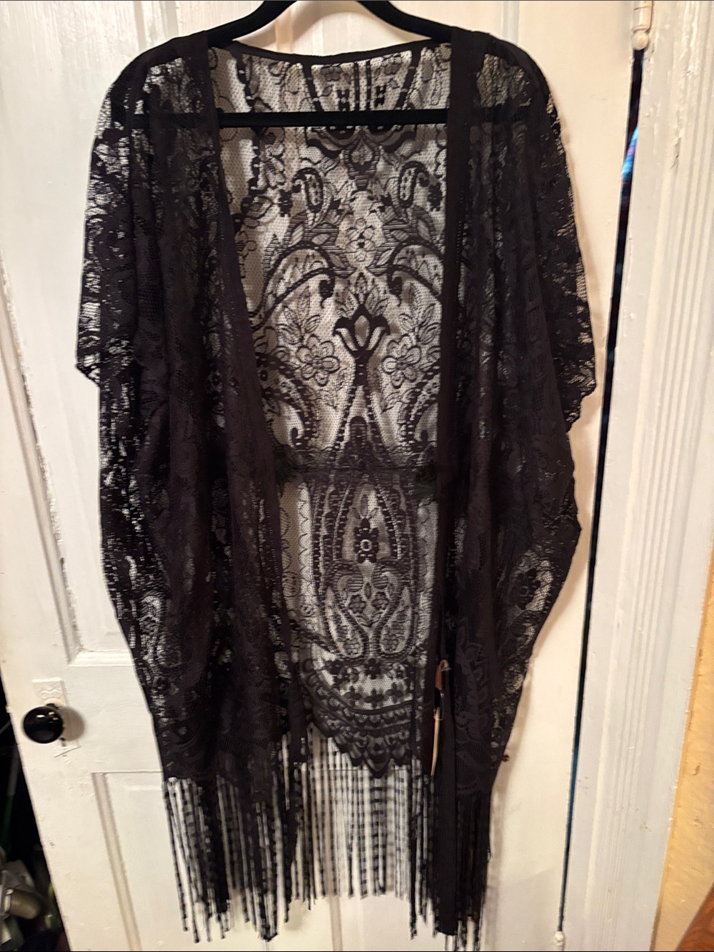 Sheer Black Lace Fringe Kimono Wrap